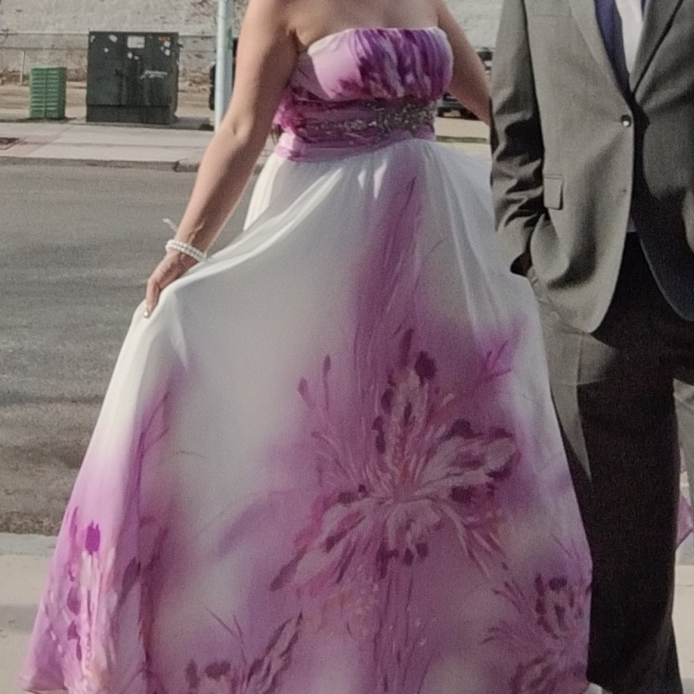 Elegant Purple and White Strapless Gown
